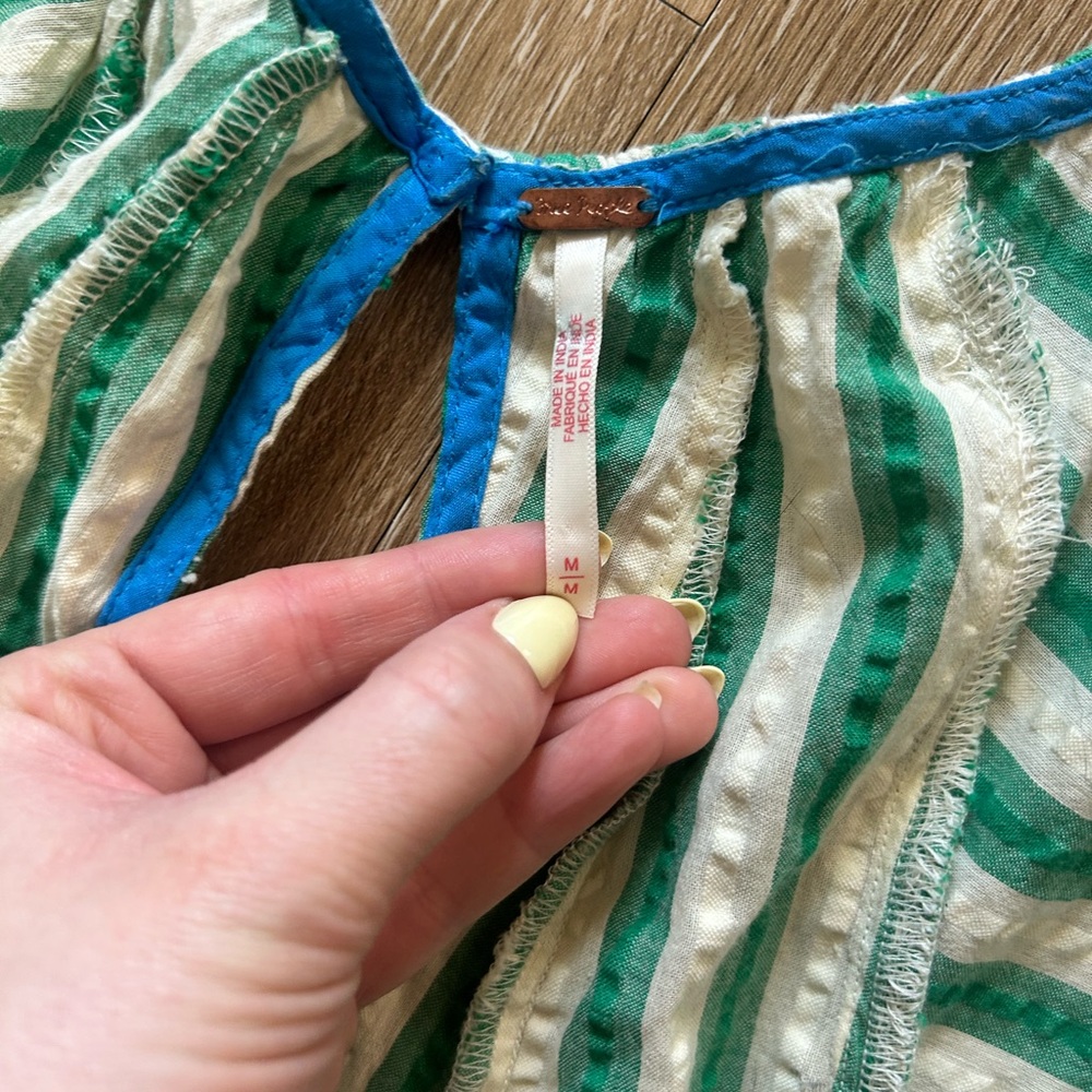 Free People Green and White Striped Puff-Sleeve Mini Dress - Picture 3 of 6